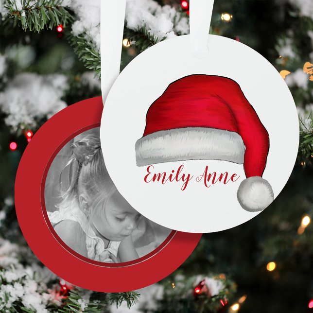 Weihnachten Moderne Niedliche Rote Weihnachtsmannm Ornament Aus Metall (Personalized Santa hat Christmas ornament with child’s name and custom photo keepsake.)
