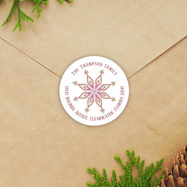 Weihnachten Moderne Niedliche Rücksendeadresse Sch Runder Aufkleber (Whimsical red and green Christmas snowflake circle return address label. )