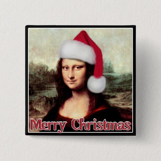 Weihnachten Mona Lisa mit Weihnachtsmannmütze Button (Vorderseite)
