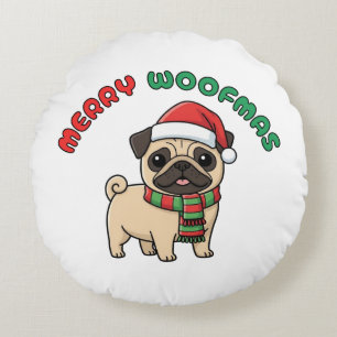 Weihnachten Mops Rundkissen: Frohe Weihnachten Rundes Kissen