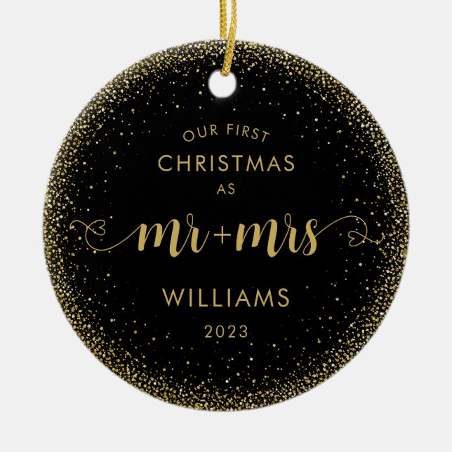 Weihnachten Mr. and Mrs. Glitzer Wreath Foto Keramik Ornament (Vorne)