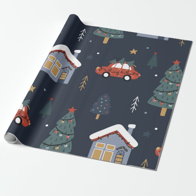 Weihnachten nahtlos mit Weihnachtsbaum, Auto Geschenkpapier (Ungerollt)