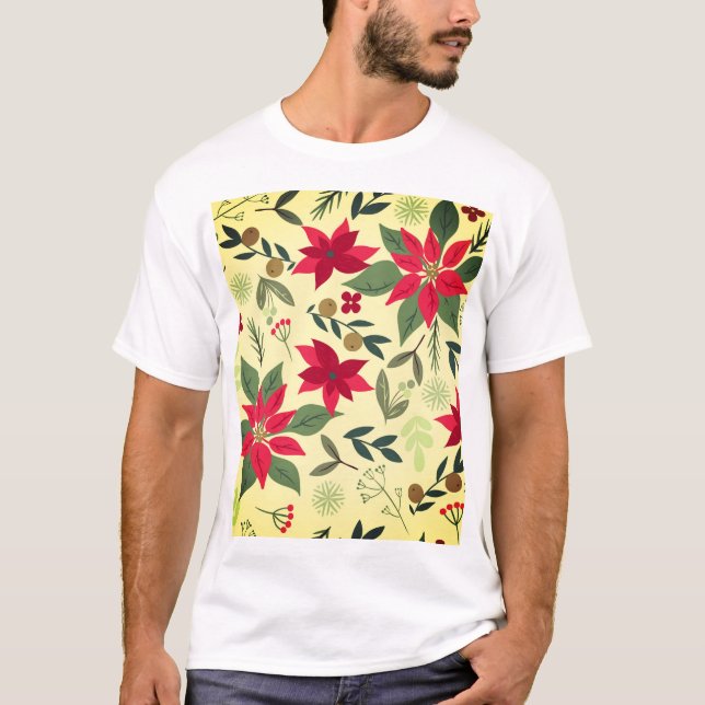 Weihnachten Nahtloses Muster mit roten Blume T-Shirt (Vorderseite)
