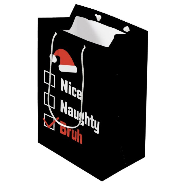 Weihnachten Naughty Bruh Funny Xmas List Mittlere Geschenktüte (Vorderseite Schrägansicht)