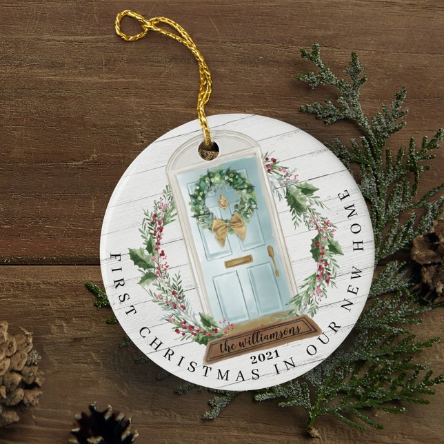 Weihnachten Neues Zuhause Aquamarin Blue Watercolo Keramik Ornament (Christmas New Home Teal Blue Watercolor Door Photo Ceramic Ornament)