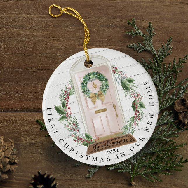 Weihnachten Neues Zuhause Rosa Aquarelltür Foto Keramik Ornament (Christmas New Home Pink Watercolor Door Photo Ceramic Ornament)