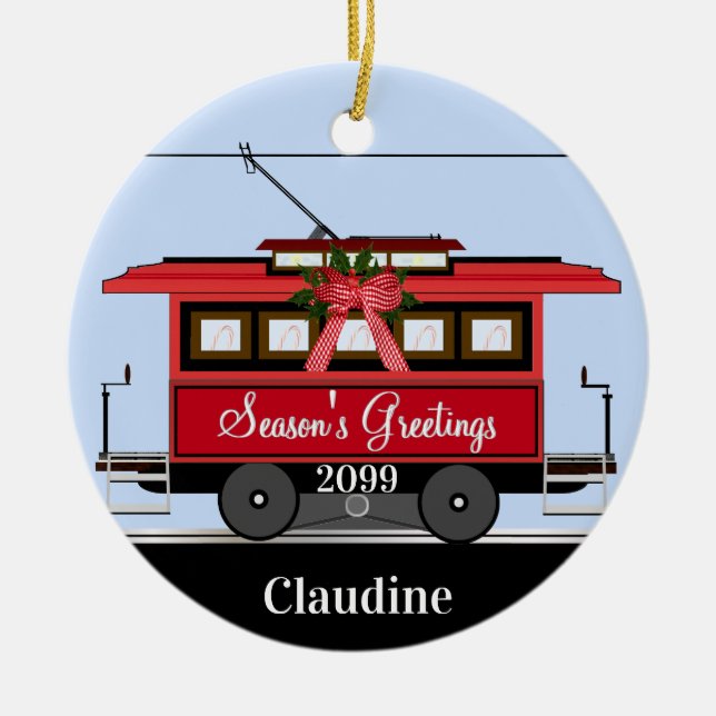 Weihnachten Neujahr Red Tram Trolley Streetcar Keramik Ornament (Vorne)