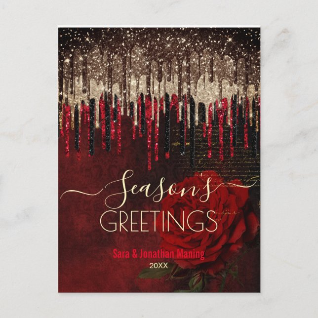Weihnachten Neujahr Rote Blume Gold Glitzer Tropfe Postkarte (Vorderseite)