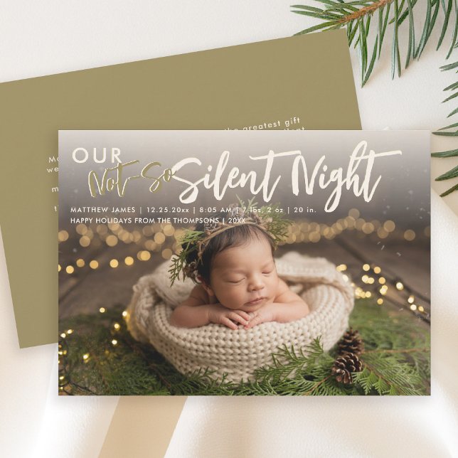 Weihnachten nicht Stille Nacht Gold Funny Baby Fot Ankündigung (christmas family card baby announcement not so silent night cute funny humorous gold)