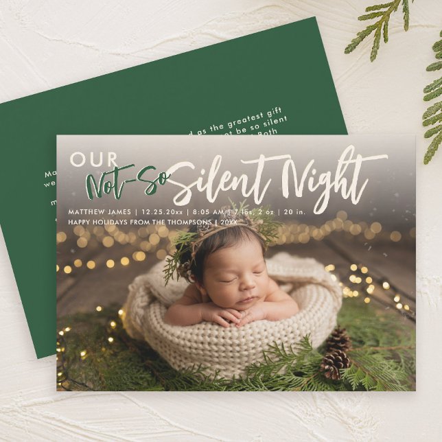 Weihnachten nicht Stille Nacht Grün Funny Baby Fot Ankündigung (christmas family card baby announcement not so silent night cute funny humorous green)