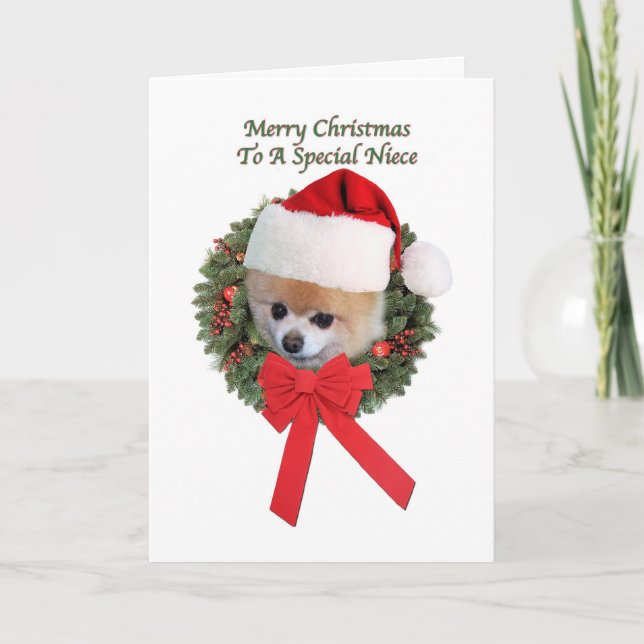 Weihnachten, Nichte, Spitz-Hund Feiertagskarte (Vorderseite)