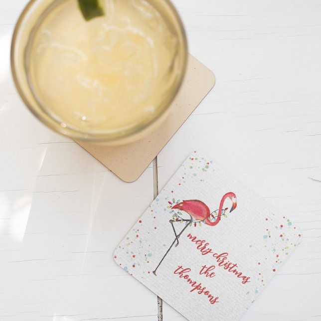 Weihnachten Niedlich Flamingo String Lights Rechteckiger Pappuntersetzer (Christmas holiday colorful pink flamingos and string bulb lights. )