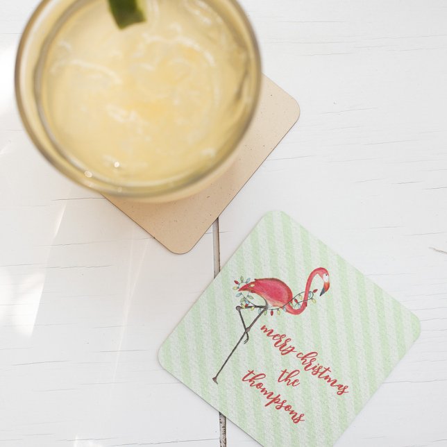 Weihnachten Niedlich Flamingo String Lights Rechteckiger Pappuntersetzer (Pink flamingo Christmas holiday string light paper coaster)