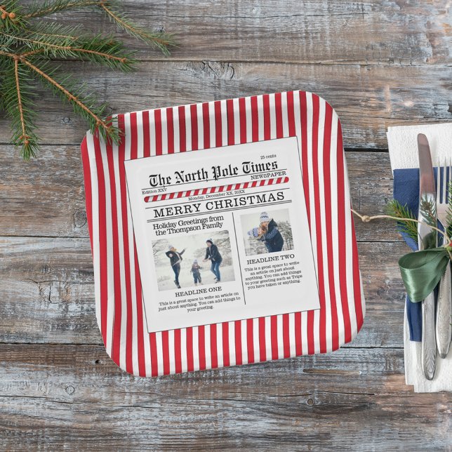 Weihnachten Niedlich Funny Foto Whimsical Zeitung Pappteller (The North Pole Time whimsical photo custom Square paper plate. With whimsical stripes. )