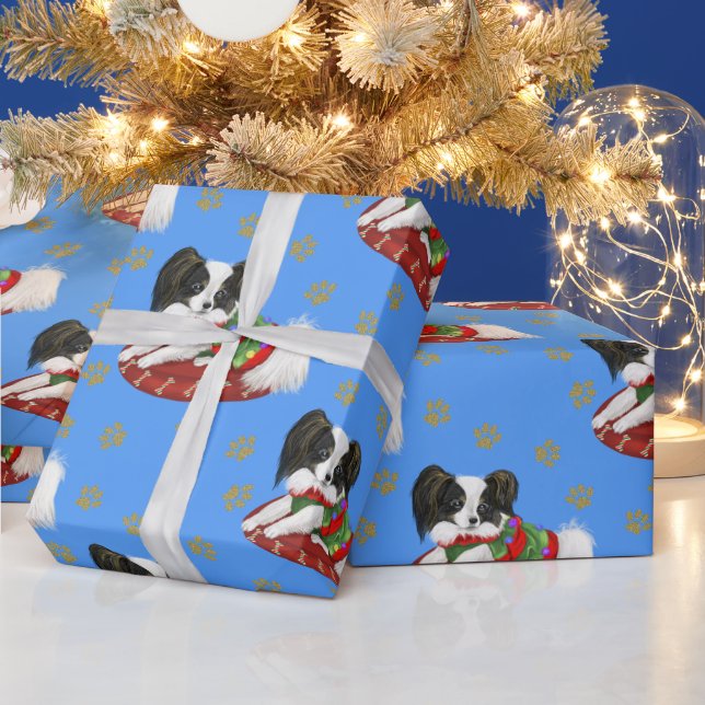 Weihnachten Niedlich Papillon Gold Paws Muster Geschenkpapier (Feiertage)