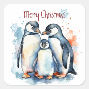 Weihnachten Niedliche Aquarellpinguine Quadratischer Aufkleber
