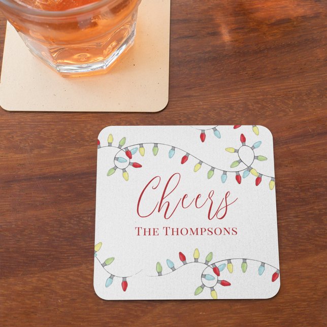 Weihnachten Niedliche einfache, farbige String-Lic Rechteckiger Pappuntersetzer (Christmas holiday party Cheers whimsical string lights paper coaster. )