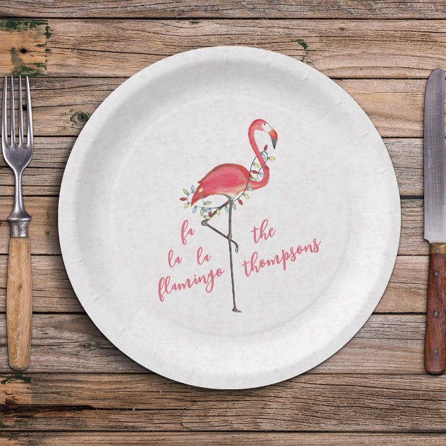Weihnachten Niedliche Flamingo String Lights Pappteller (Simple Merry Christmas cute pink flamingo calligraphy script paper plate)