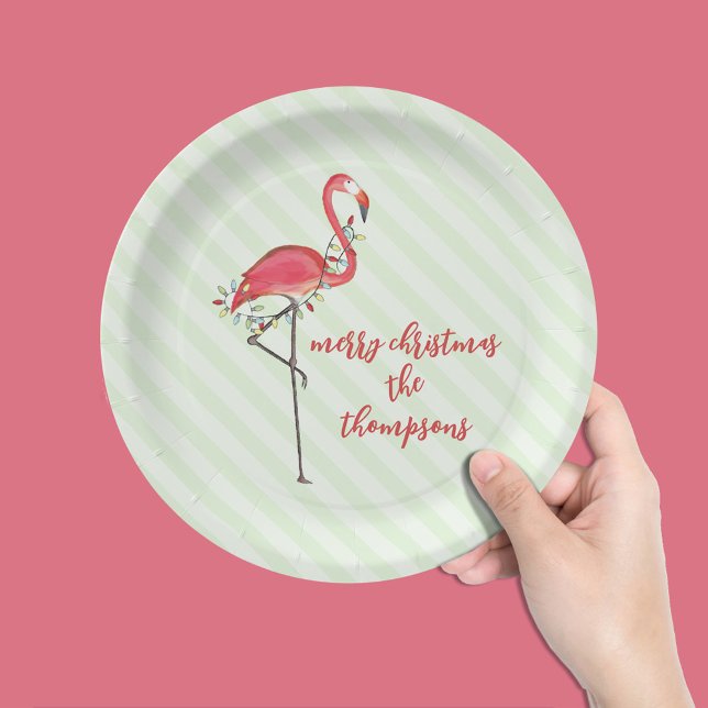 Weihnachten Niedliche Flamingo String Lights Pappteller (Simple Merry Christmas cute pink flamingo calligraphy script paper plate)