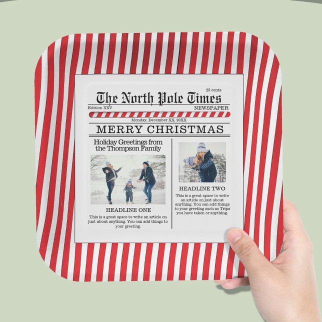Weihnachten Niedliche Fotocollage Simple Newspapie Pappteller (The North Pole Time whimsical photo custom Square paper plate.)