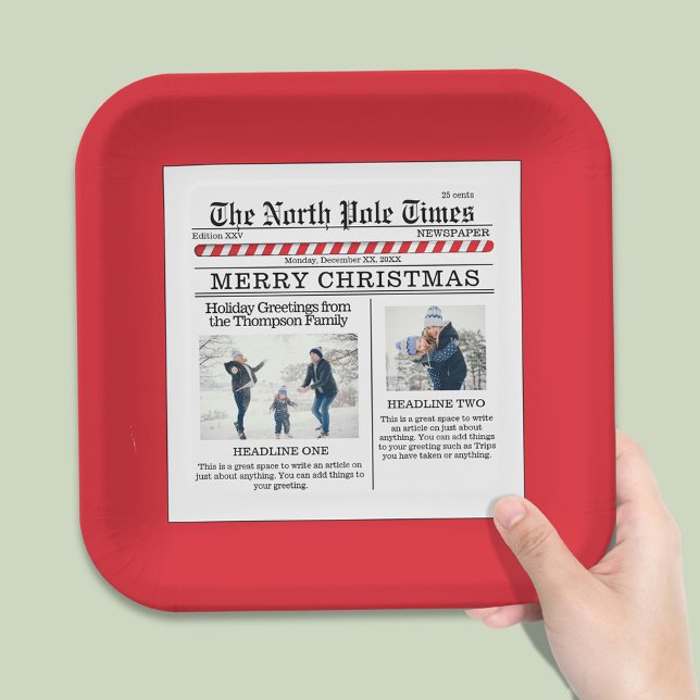 Weihnachten Niedliche Fotocollage Simple Newspapie Pappteller (The North Pole Time whimsical photo custom Square paper plate.)