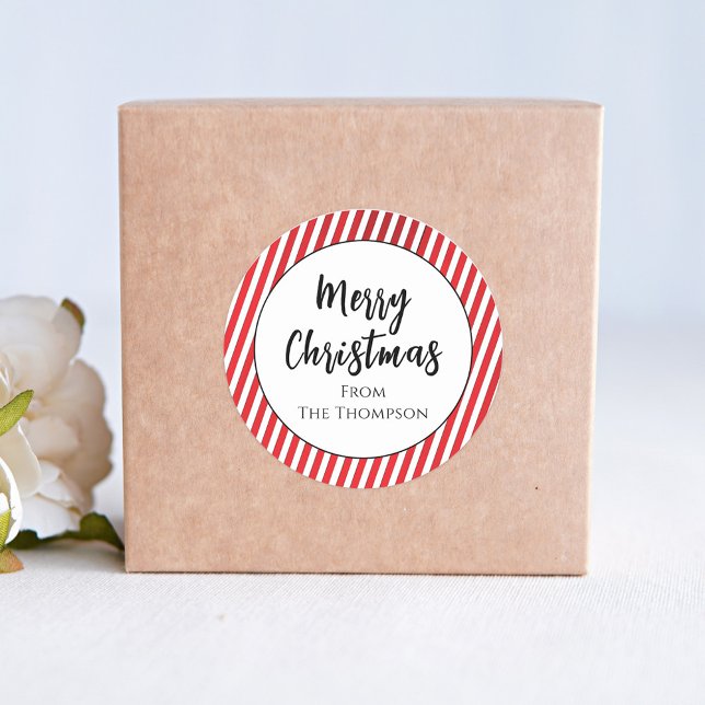 Weihnachten Niedliche Fotocollage Simple Newspapie Runder Aufkleber (Merry Christmas cute candy cane stripes sticker with calligraphy script. )