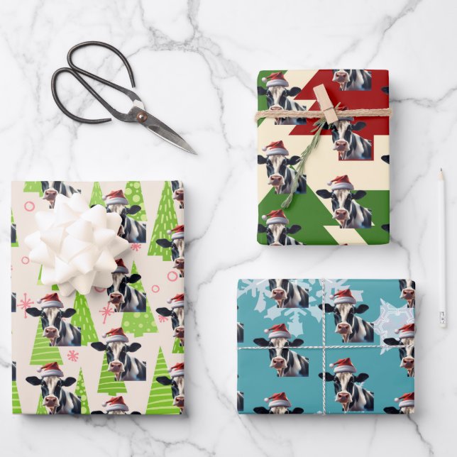 Weihnachten Niedliche Milchkühe Weihnachtsmannmütz Geschenkpapier Set (Vorderseite)