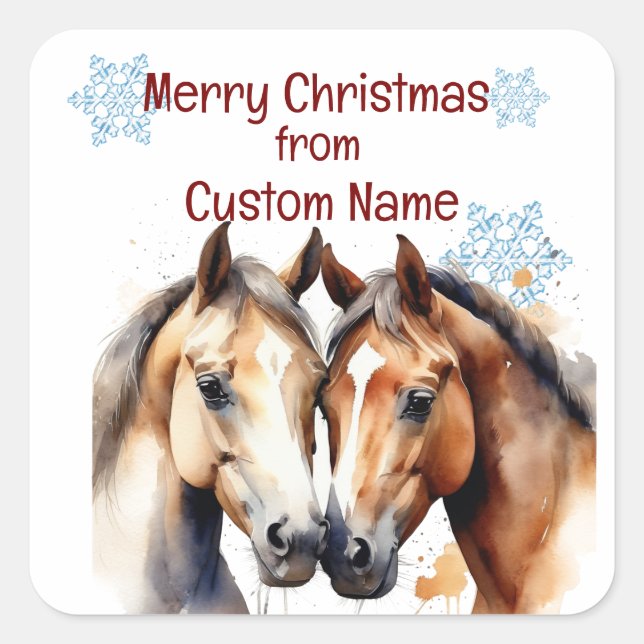Weihnachten Niedliche Pferde Couple Animal Customi Quadratischer Aufkleber (Vorderseite)