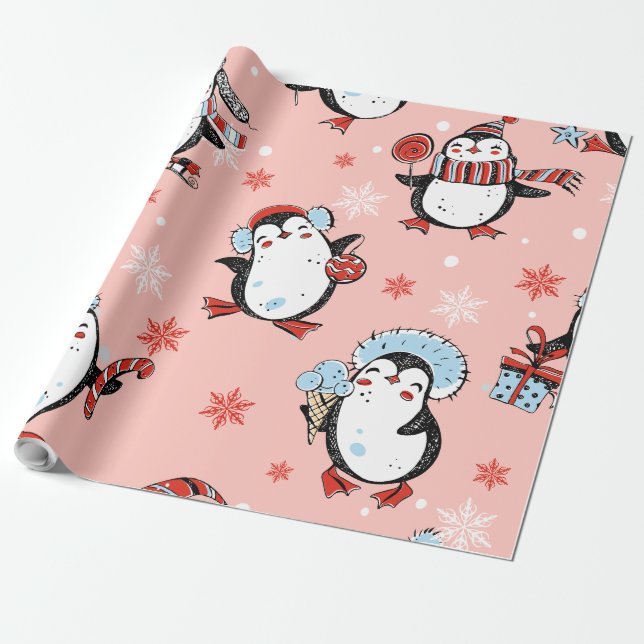 Weihnachten - Niedliche Pinguine Geschenkpapier (Ungerollt)