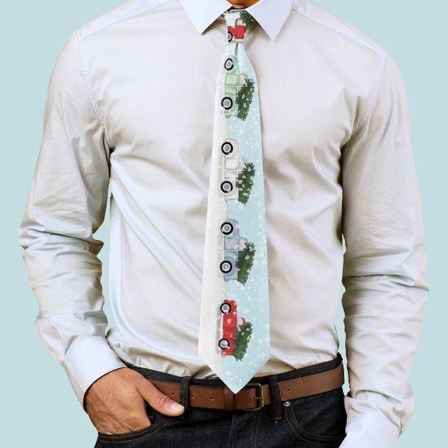 Weihnachten Niedliche Rustikale LKW Schneeflocken Krawatte (Winter red, blue, white and green trucks neck tie. )
