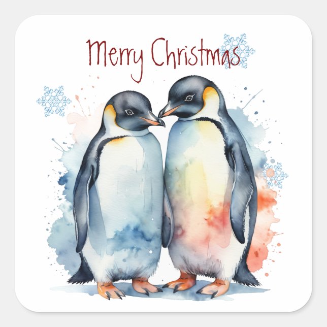 Weihnachten Niedliche Wasserfarbe Pinguin Couple A Quadratischer Aufkleber (Vorderseite)