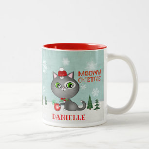 Weihnachten Niedlicher Hipster Graue Katze Custom Zweifarbige Tasse