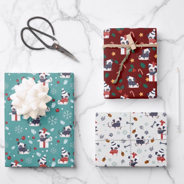 Weihnachten Niedlicher Mops Hunde festlich drei Fa Geschenkpapier Set (Vorderseite)