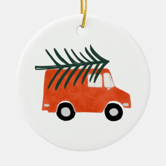 Weihnachten Niedlicher Roter Lieferwagen mit Baum Keramik Ornament (Vorne)