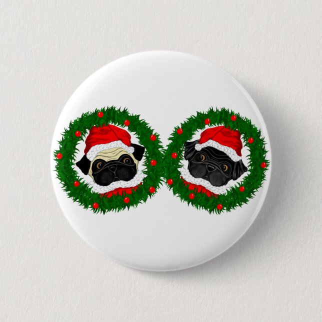 Weihnachten Niedlicher Schwarzer Mops und Fauna Mo Button (Vorderseite)