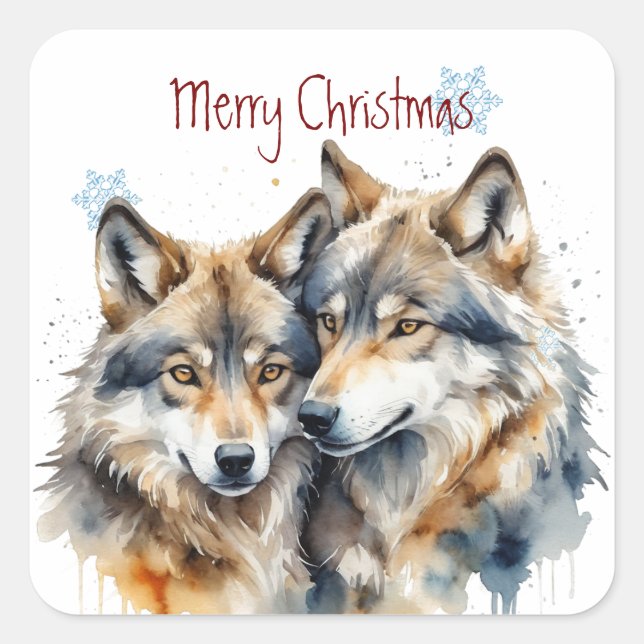 Weihnachten Niedlicher Wasserfarben Wolf Wildlife Quadratischer Aufkleber (Vorderseite)