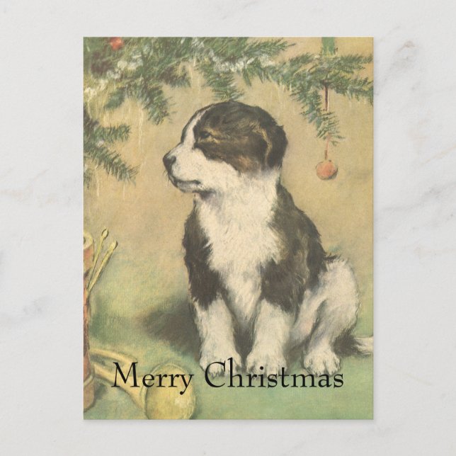 Weihnachten, Niedlicher Welpe unter Weihnachtsbaum Feiertagspostkarte (Vorderseite)