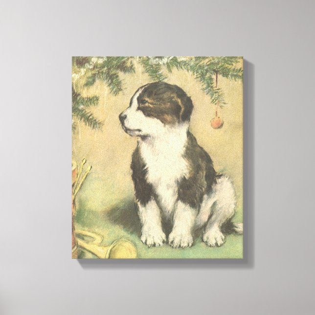 Weihnachten, Niedlicher Welpe unter Weihnachtsbaum Leinwanddruck (Vorderseite)