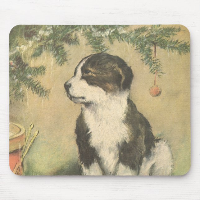 Weihnachten, Niedlicher Welpe unter Weihnachtsbaum Mousepad (Vorne)