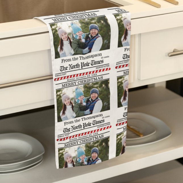 Weihnachten Niedliches Foto Whimsical Newspapier M Geschirrtuch (Newspaper print custom photo Christmas kitchen towel)