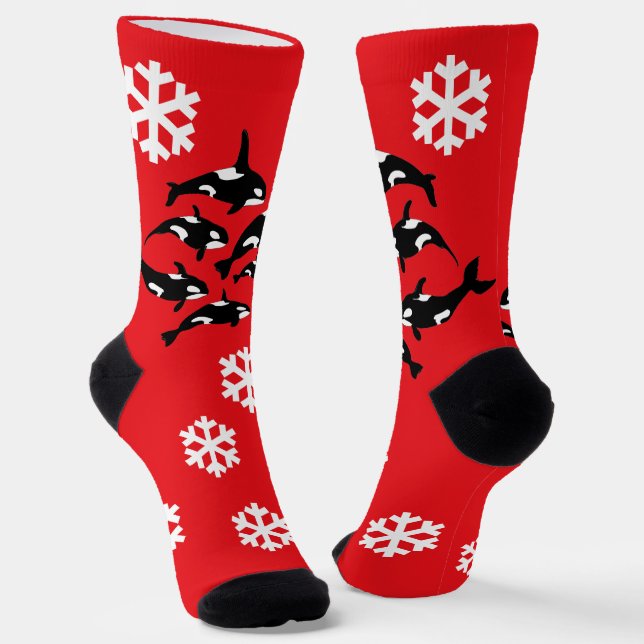 Weihnachten Orca Killer Wale und Schneeflocken Rot Socken (Gewinkelt)