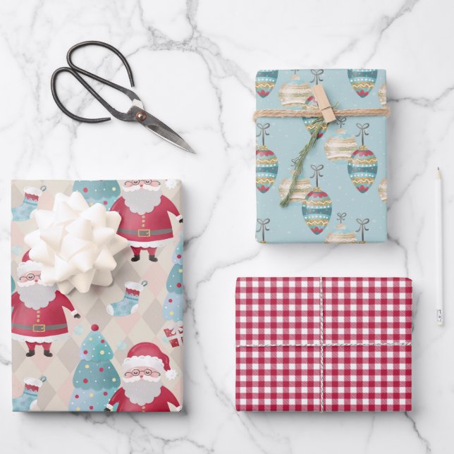 Weihnachten, Ornamente und Roter Gingham Karo Geschenkpapier Set (Vorderseite)