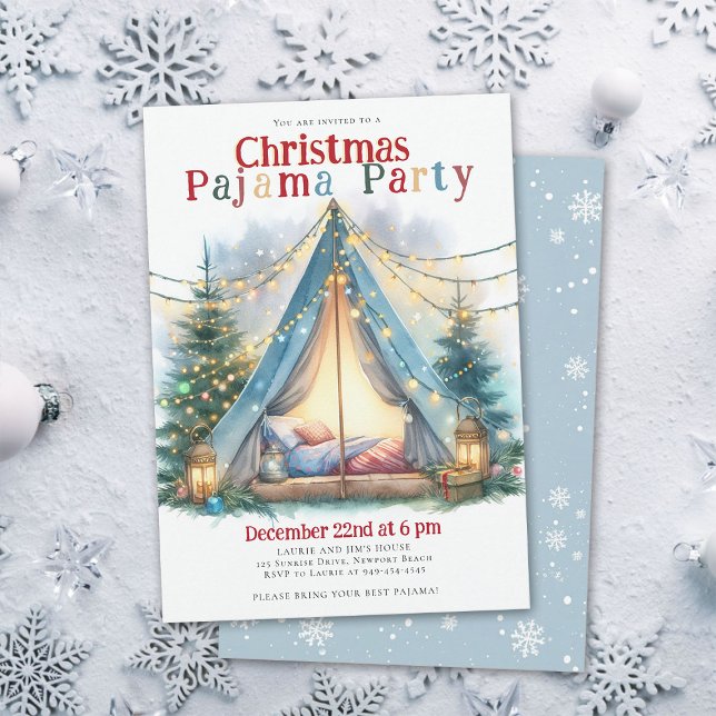 Weihnachten Pajama Party Zelt Lichter Wasserfarbe  Einladung (christmas pajama party invitation slumber sleepover tent watercolor twinkle lights happy cute)