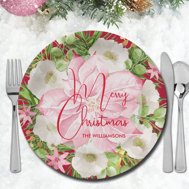 Weihnachten Pappteller (Pink poinsettia and winter flowers Merry Christmas paper plates)