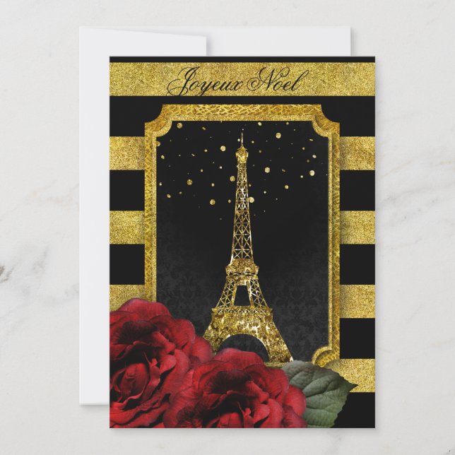 Weihnachten Paris Rose Eiffelturm Goldstreifen Einladung (Vorderseite)