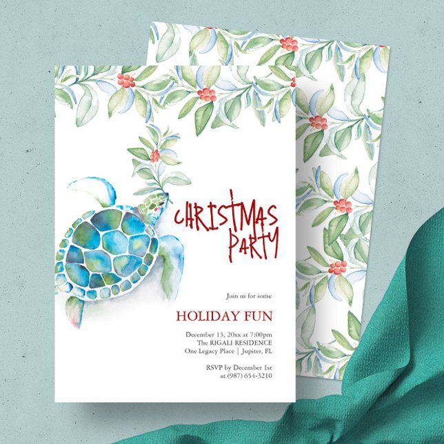 Weihnachten Party am Strand Wasserfarben Meeressch Einladung (Beach Christmas invitation watercolor sea turtle art by Victoria Grigaliunas of Do Tell A Belle)