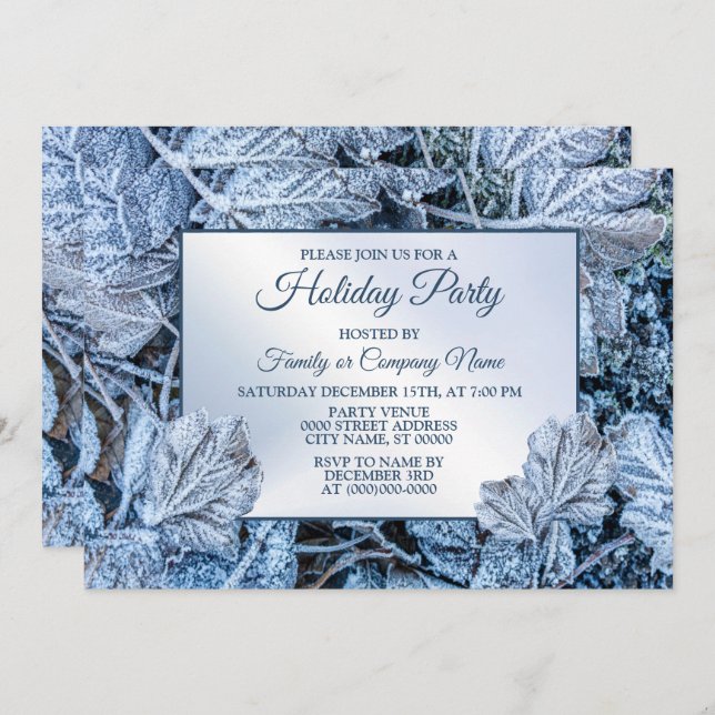 Weihnachten Party Blue Blätter Schnee Urlaub Winte Einladung (Vorne/Hinten)