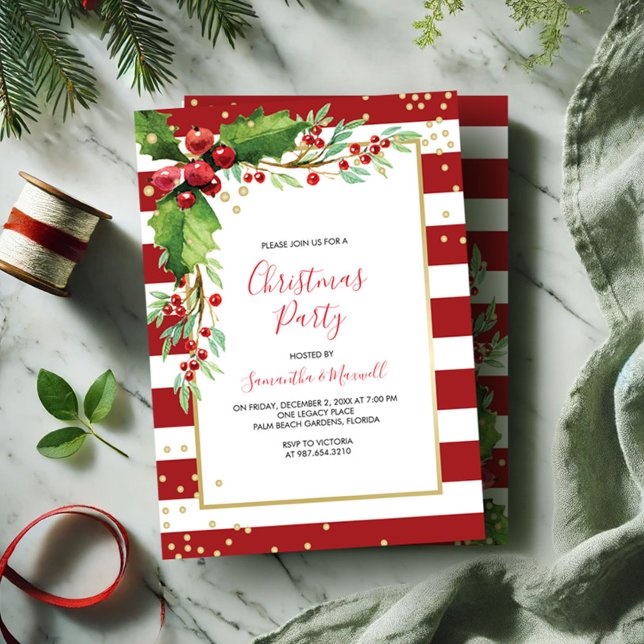 Weihnachten - Party Einladung - Rote Streifen (Christmas party invitations red and green botanical design.)