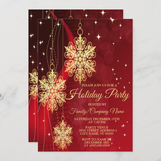 Weihnachten Party Roter Goldene Schneeflocken Einladung (Vorne/Hinten)