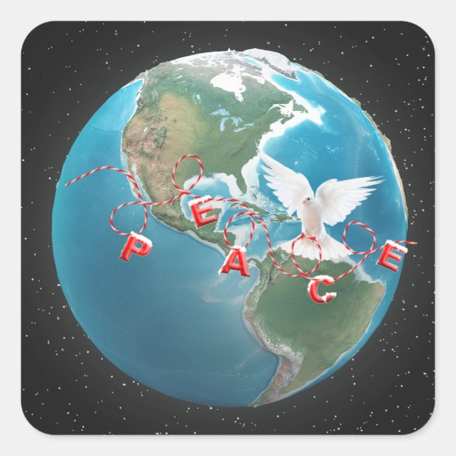 Weihnachten PEACE White Dove auf Globe Quadratischer Aufkleber (Vorderseite)